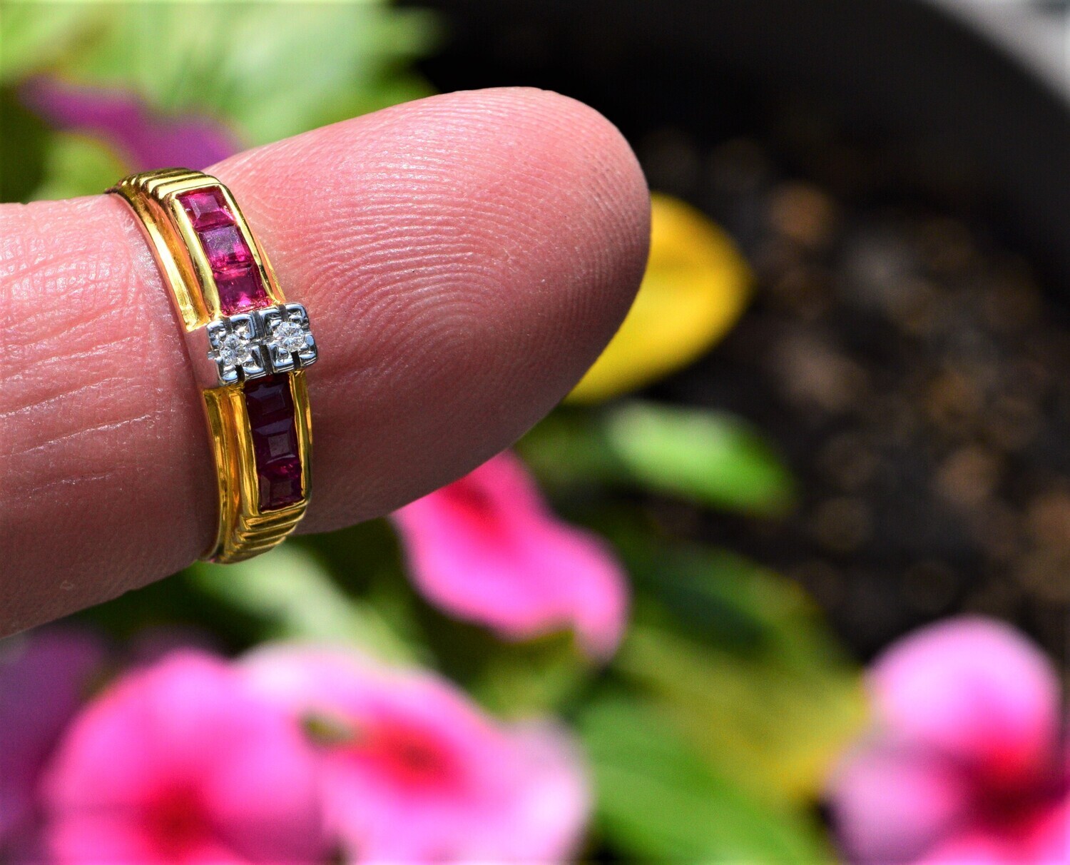 .72 cwt total weight Burma Rubies. Solid  Gold Setting w. Diamonds. Size 7. July Birthstone. See Video.