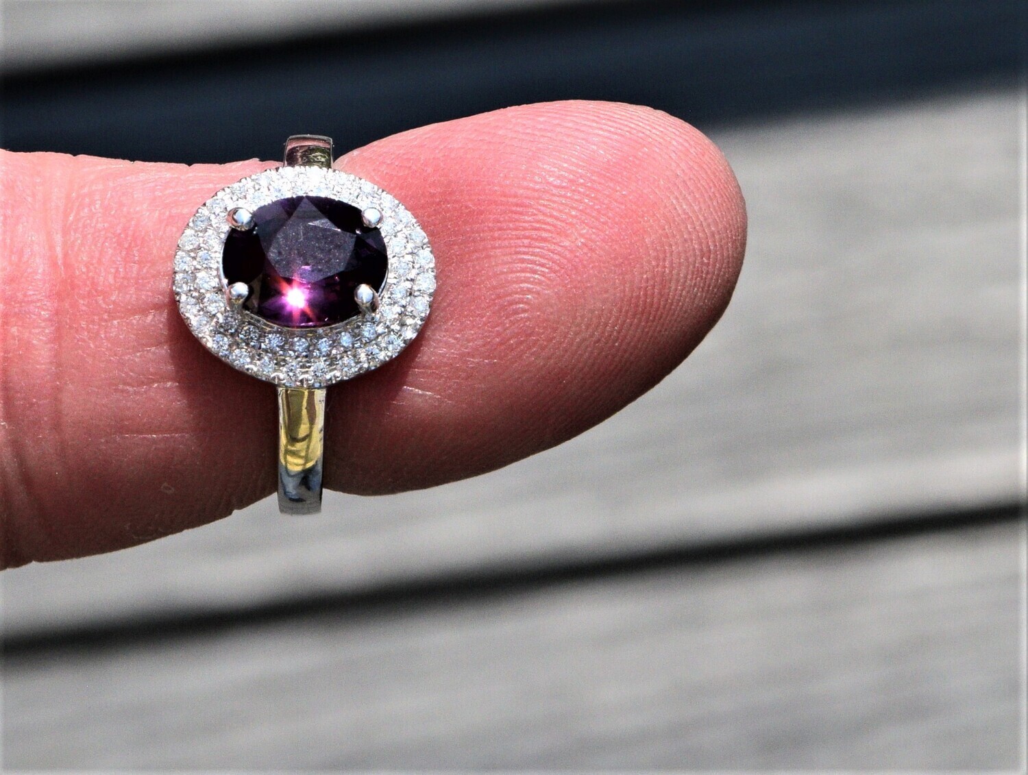 Size 7 Purple Spinel Ring, White Gold with 52 1mm diamonds.