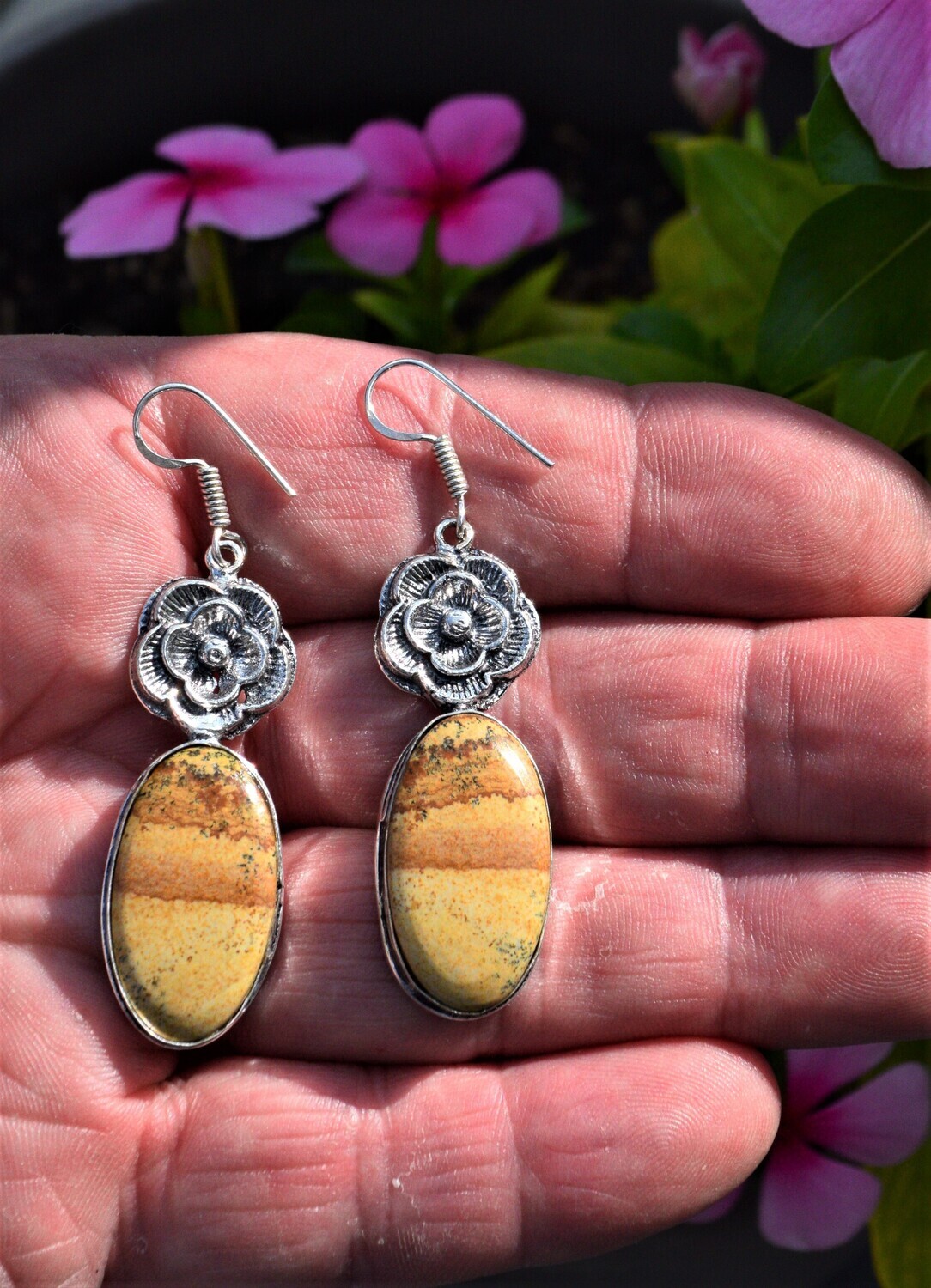 Genuine Landscape Jasper. Earrings . Earrings Approx 4.5cm long. Earring Approx. 4cm long, Stone Approx.  2.5x1cm