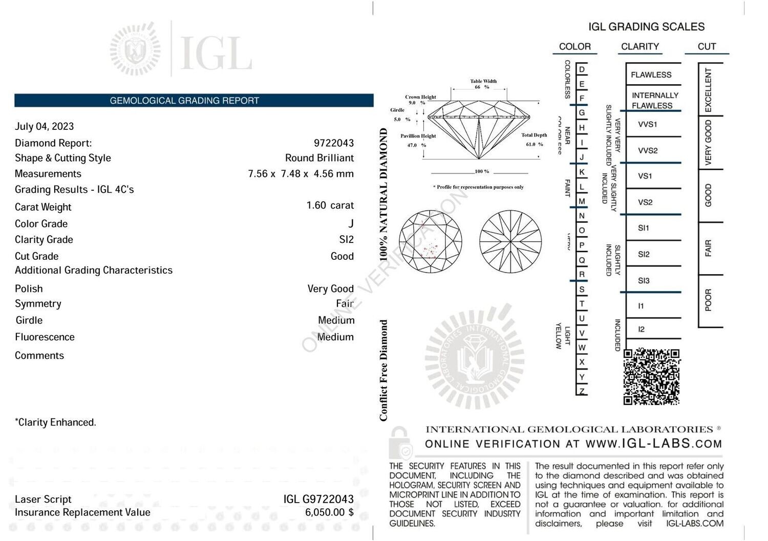 Earth Mined Diamond,  .Enhanced for Clarity. 1.6cwt. 7.76x7.48x4.56. See Video.  IGL Report $6,050 US