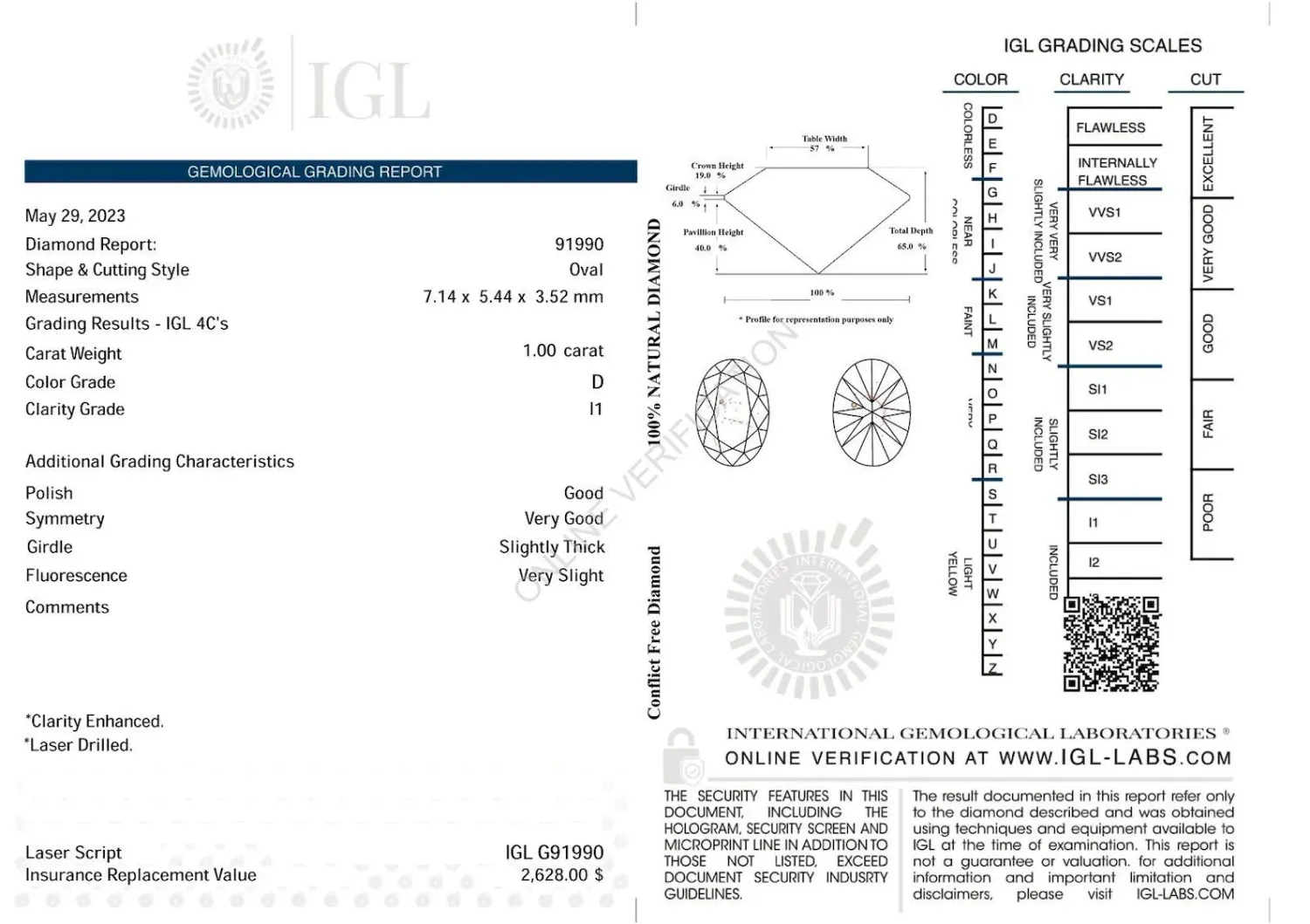 HOLD FOR BETH: earth Mined Diamond, 1.cwt. IGL Report. 7.14x5.44x3.52mm. Appraised 2628US (3,790 Canadian)