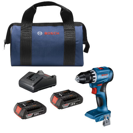Bosch Kit de perceuse/visseuse compacte sans fil 18 V sans balais de 1/2 pouce avec (2) batteries SlimPack 2,0 Ah, chargeur et sac