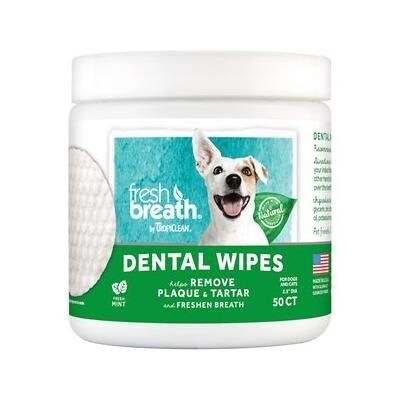 TropiClean Fresh Breath Mint Dental Wipes for Dogs, Count of 50