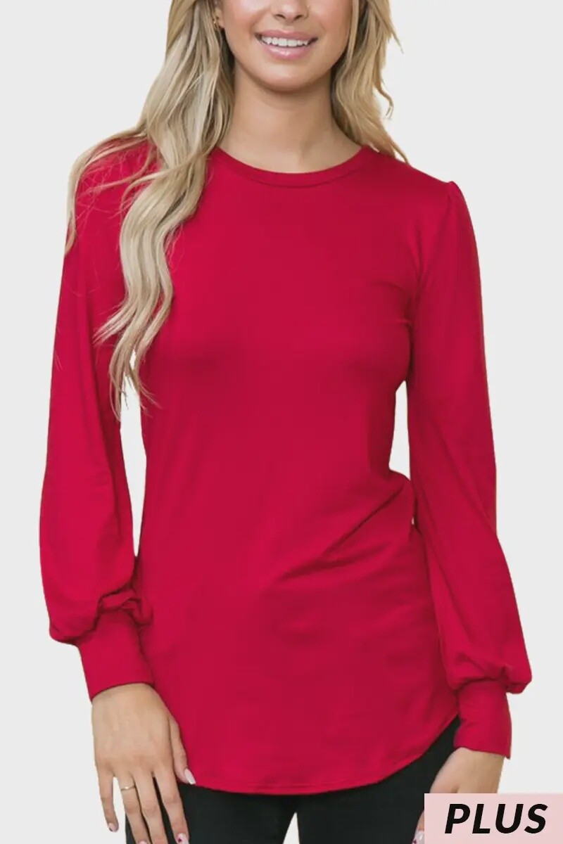 Plus Solid Long Sleeve Top RED
