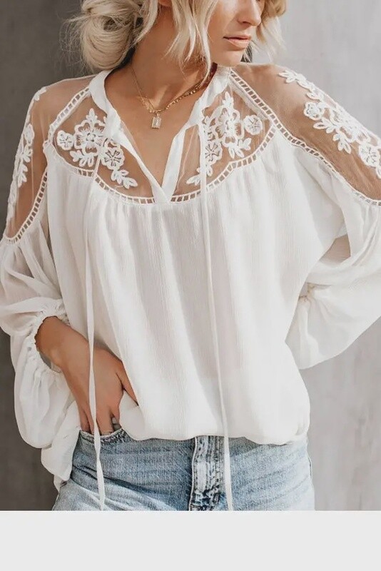 Floral Lace Detail Cut Out Shirt LaLa Factory