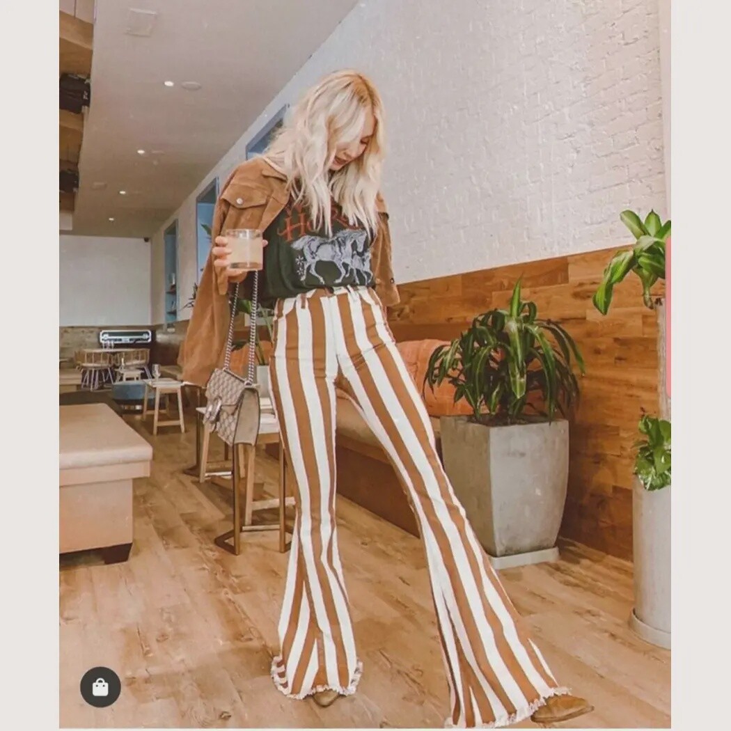 Rust Washed Stripe Denim Bell Bottoms