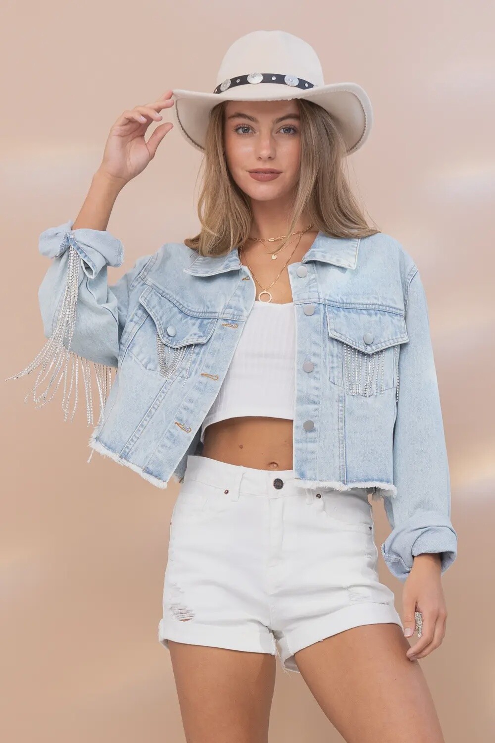 LIGHT DEMIN RHINSTONE FRINGE JACKET