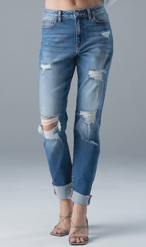 Dark Super High Rise Distress Mom Denim Jeans