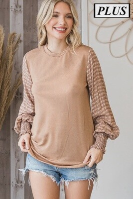 Plus Size Knit Top With Smocked Sleeve
