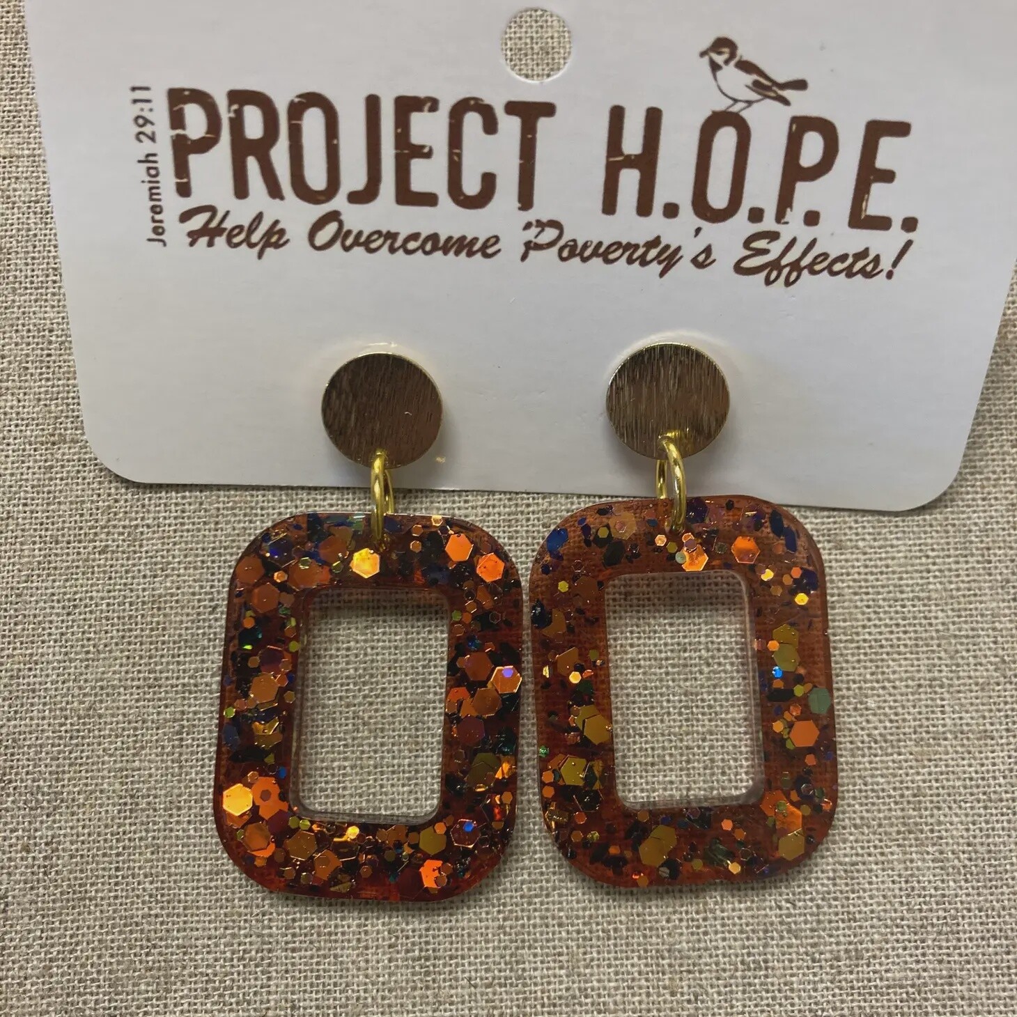 Orange Glitter Rectangle Earrings