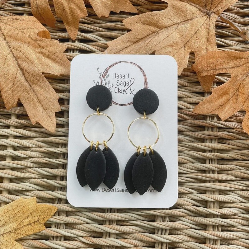 Desert Sage Boho Clay Earring Feathered Earring Hoops - Black