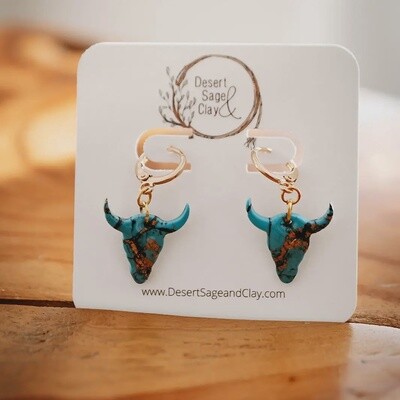 Desert Sage Polymer Clay Western Boho Mini Bull in Turquoise Earrings
