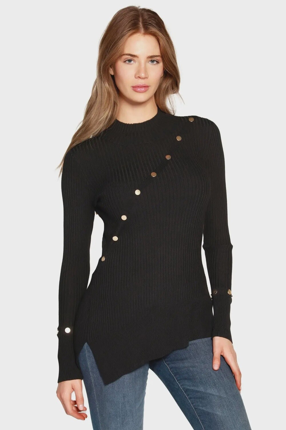 Belldini Women&#39;s Asymmetric Mock Neck Sweater With Button Detail