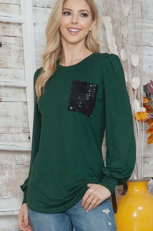 Plus Green Long Sleeve Top Sequined Chest Pock.