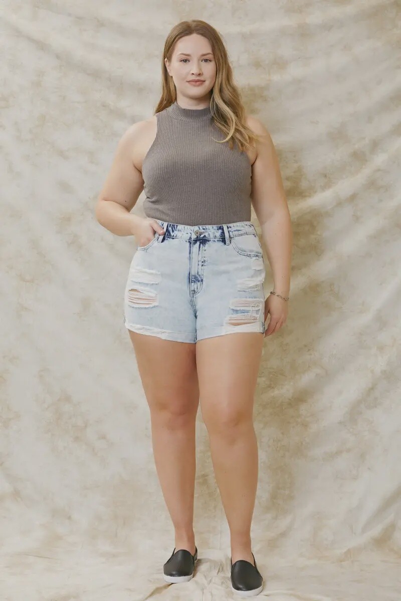 Plus High Rise Distressed Cuffed Shorts