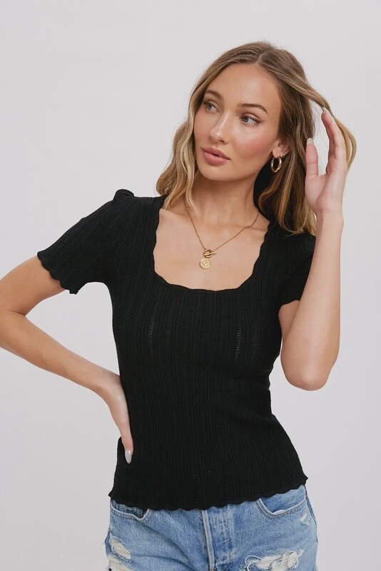 Scalloped Hem Square Neck Knit Top