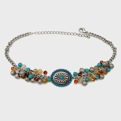 Turquoise Cabochon Concho Beaded Choker Necklace