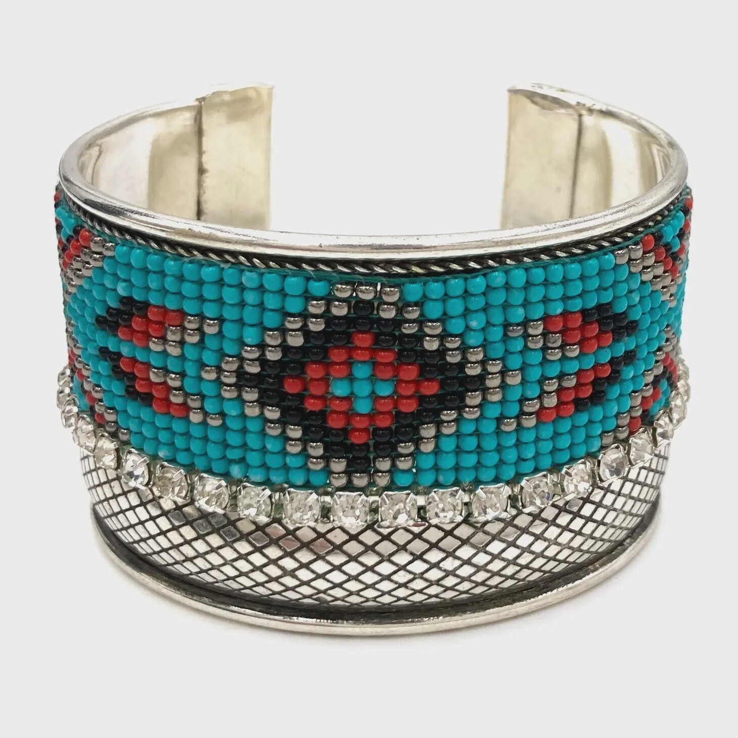 Navajo Pattern Seed Bead Silver Rhinestone Wide Metal Cuff