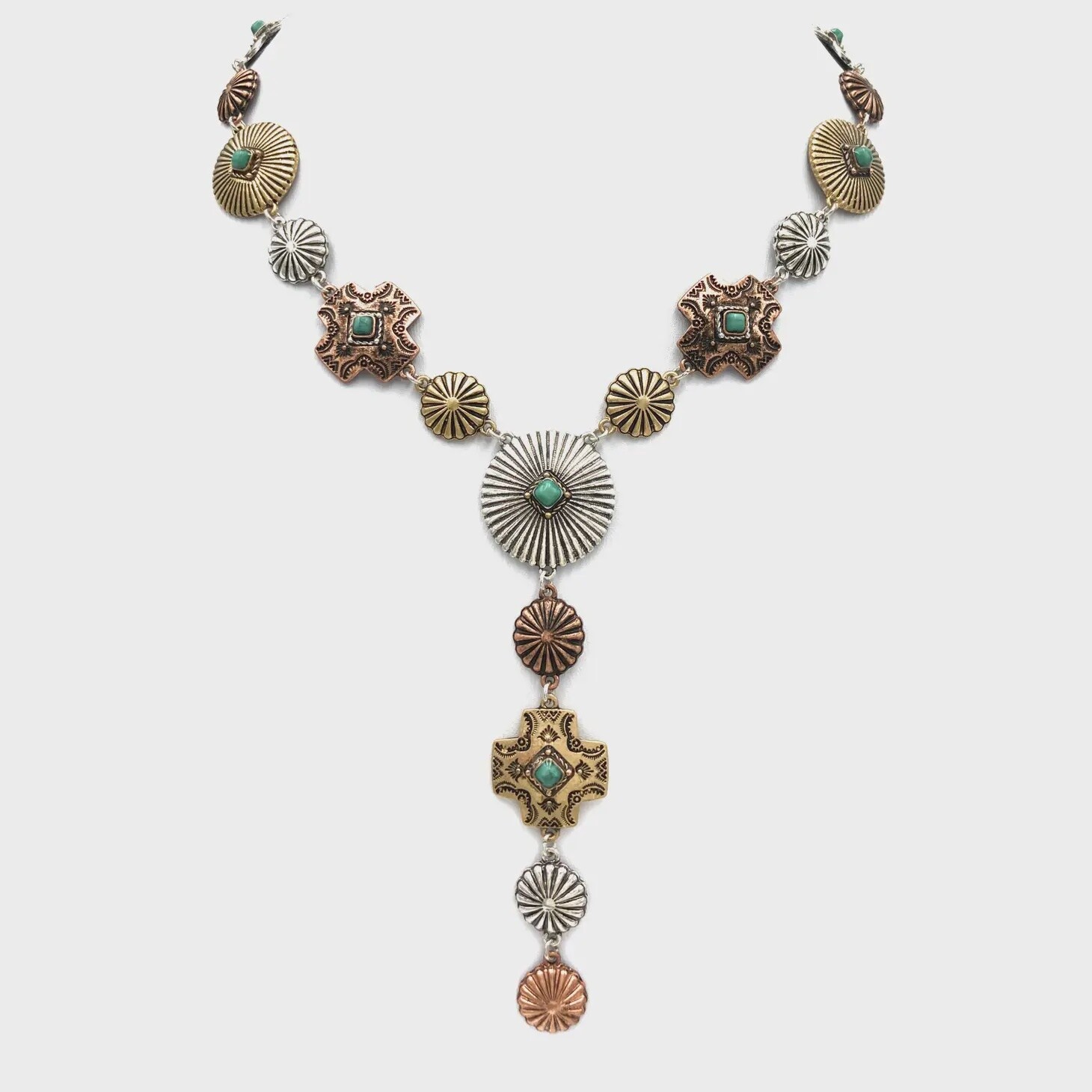 Metal Western Cross Native Concho Y Necklace