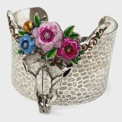 Longhorn Skull Bohemian Flowers Western Wide Cuff Bracelet
