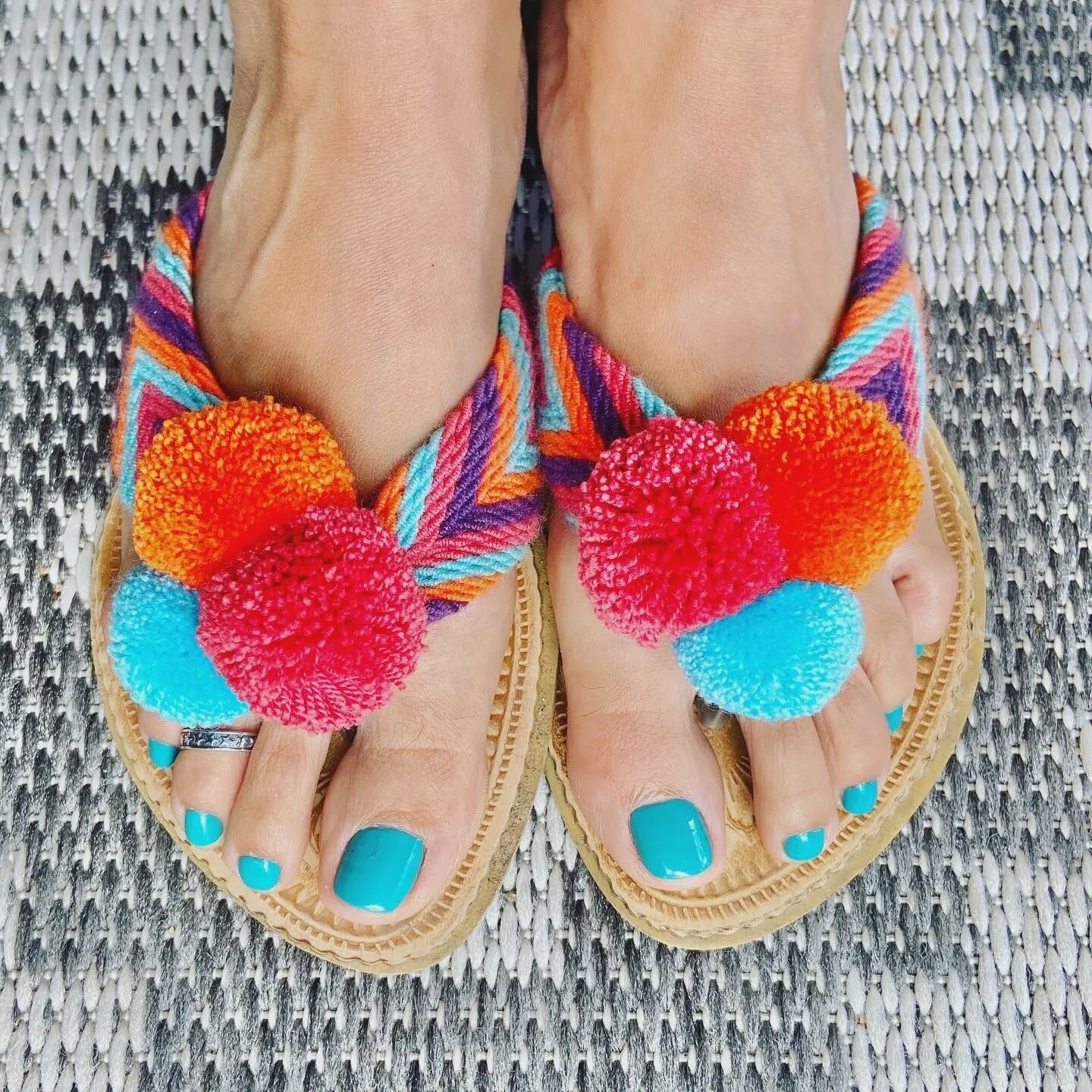 Turquoise/ Coral Pom Pom Flip Flops