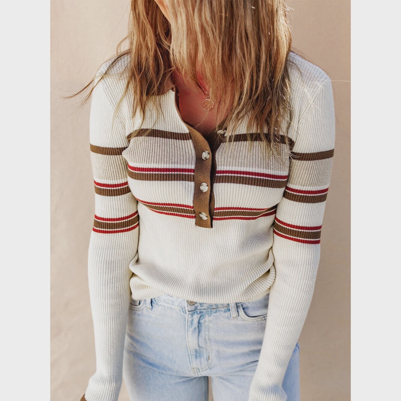 White Rib Knitted Stripe Detail Henley Sweater