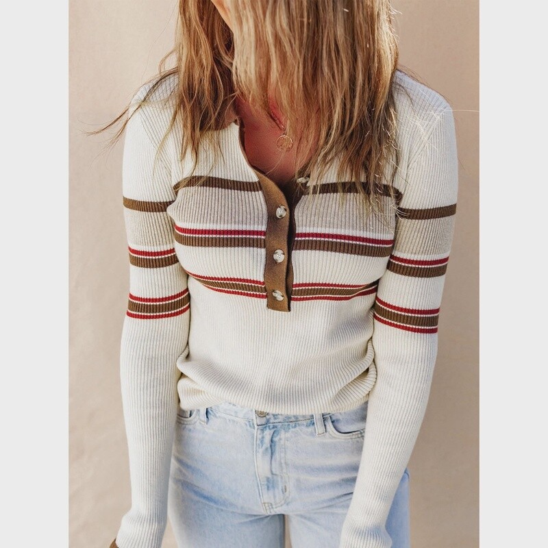 White Rib Knitted Stripe Detail Henley Sweater