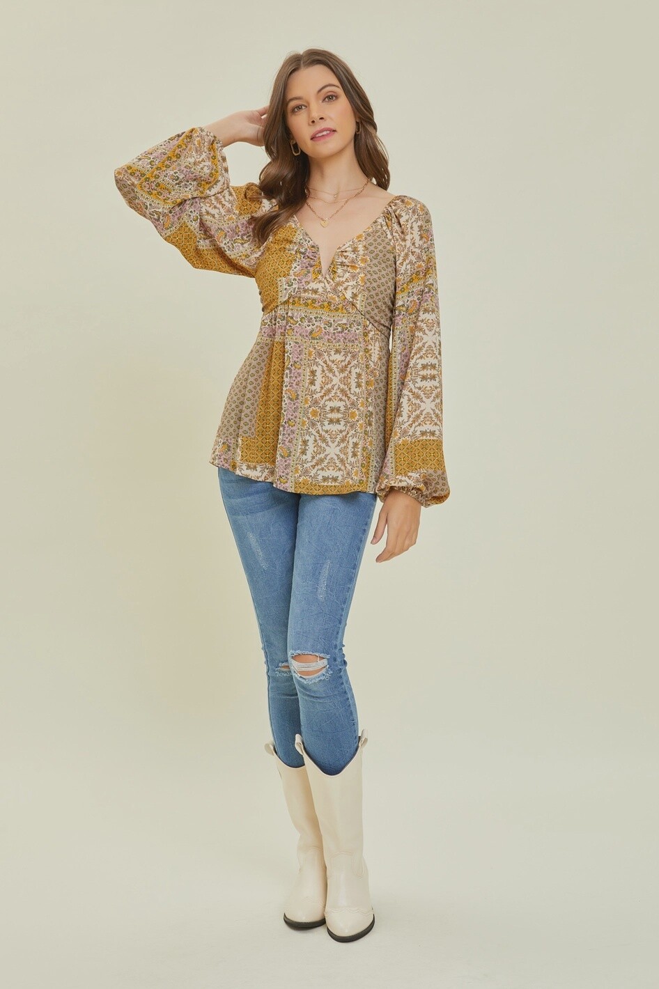 SCARF PRINTED SPLIT NECK BLOUSE