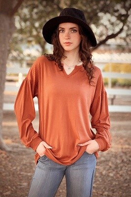 Keyhole Ribbed Puff Sleeve Top