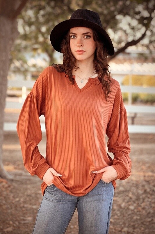 Keyhole Ribbed Puff Sleeve Top