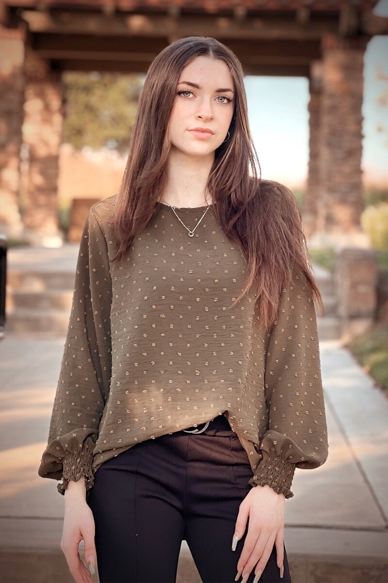 Smocked Sleeve Swiss Dot Woven Blouse