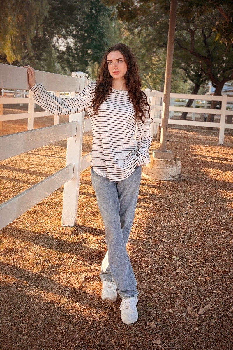 Waffle Stripe Puff Sleeve Top
