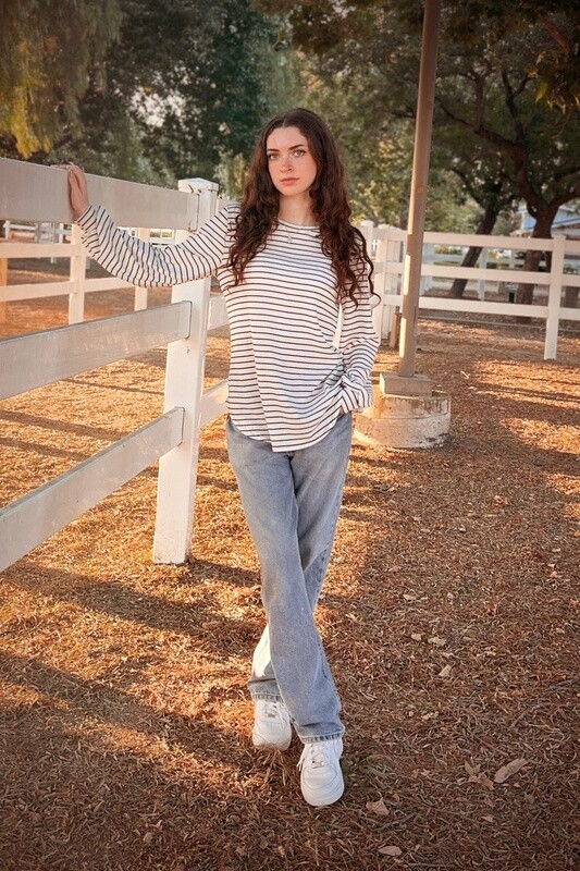 Waffle Stripe Puff Sleeve Top