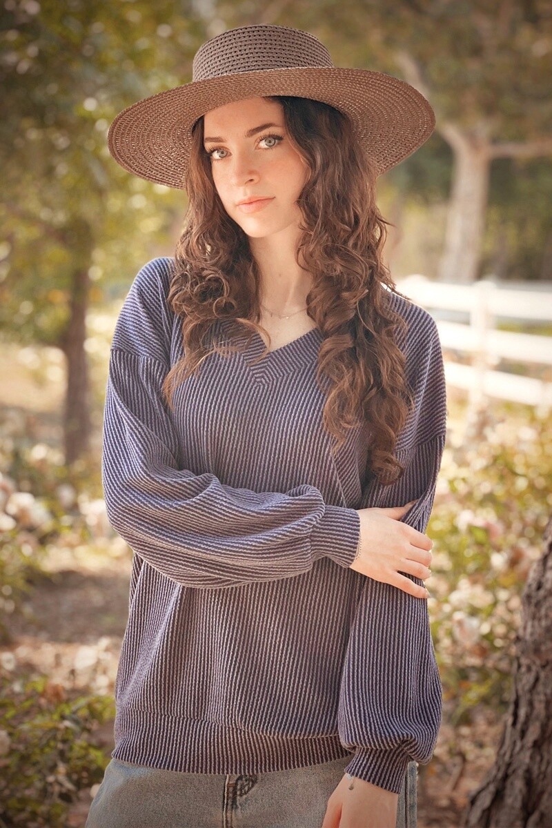 Corded V-Neck Sweatshirt Navy