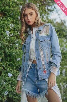 Plus Denim Jacket with Floral Embroidery