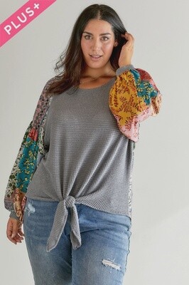 Plus Solid Round Neck Printed Sleeve Top