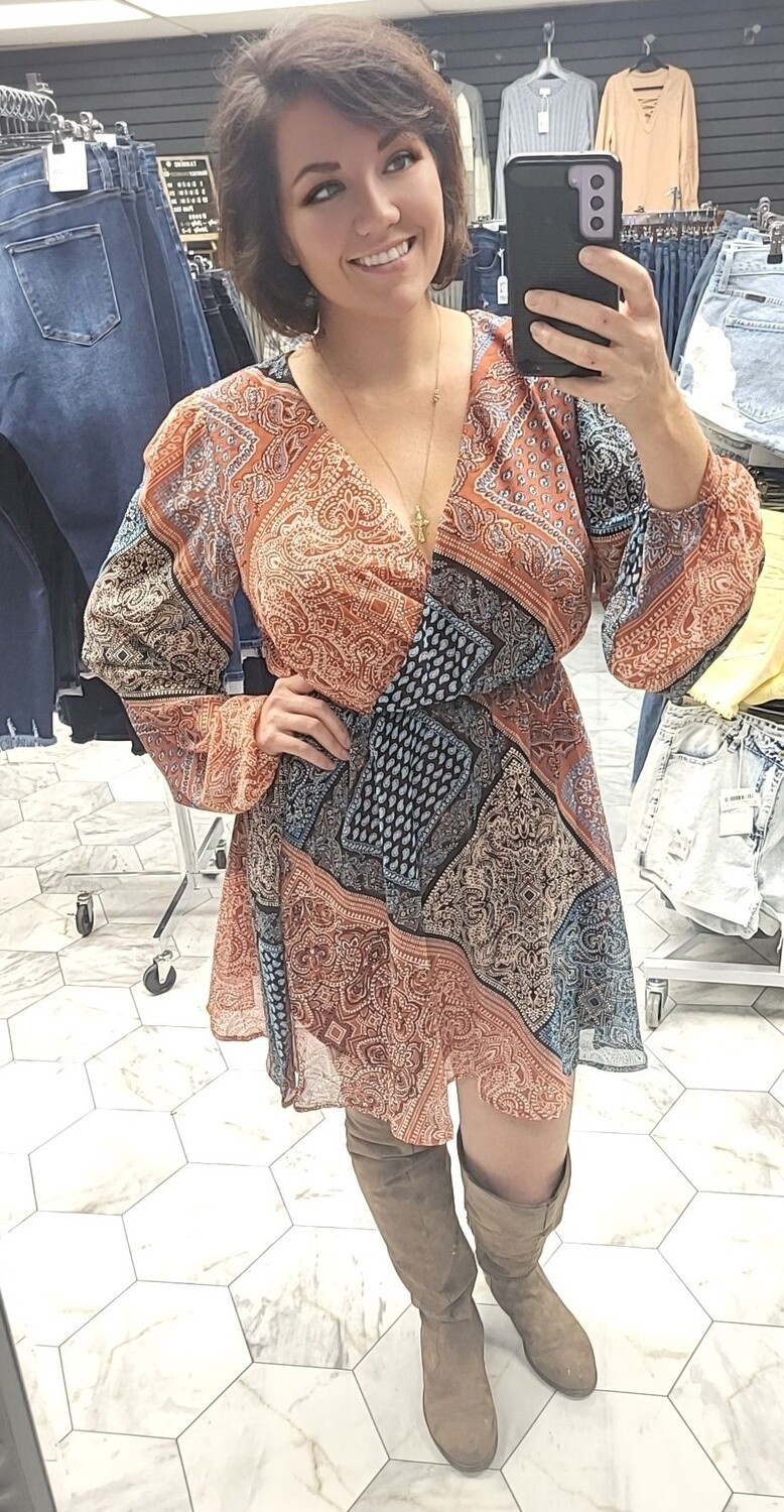 Scarf Printed Chiffon Wrap Dress