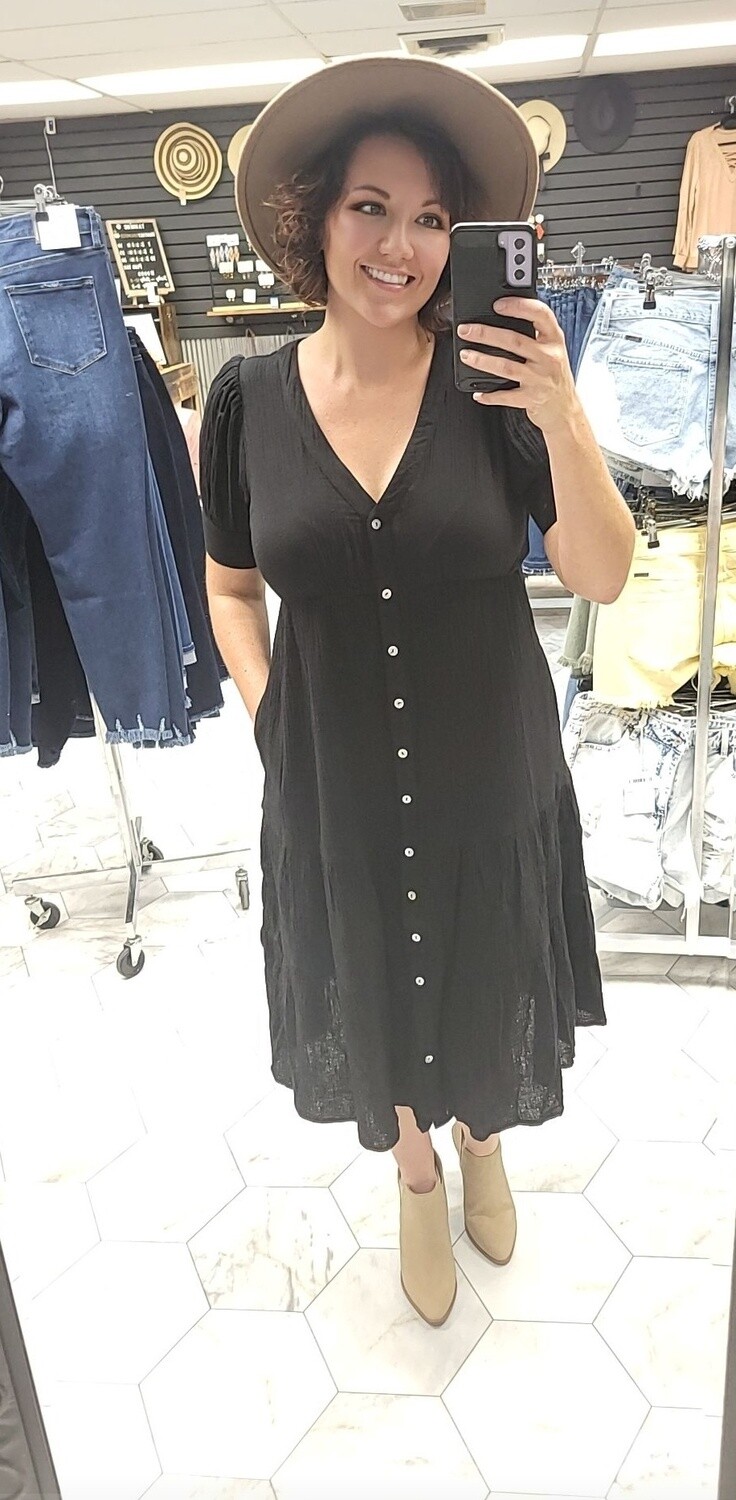 Short Sleeved Gauze Button-Down Flare Midi Dress