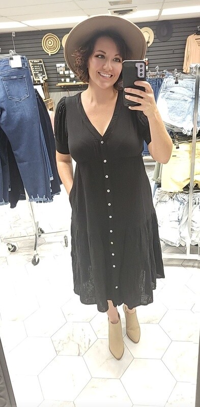 Short Sleeved Gauze Button-Down Flare Midi Dress