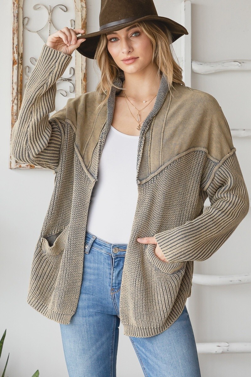 Western Washed Terry Cardigan with Cable Knit Sweater