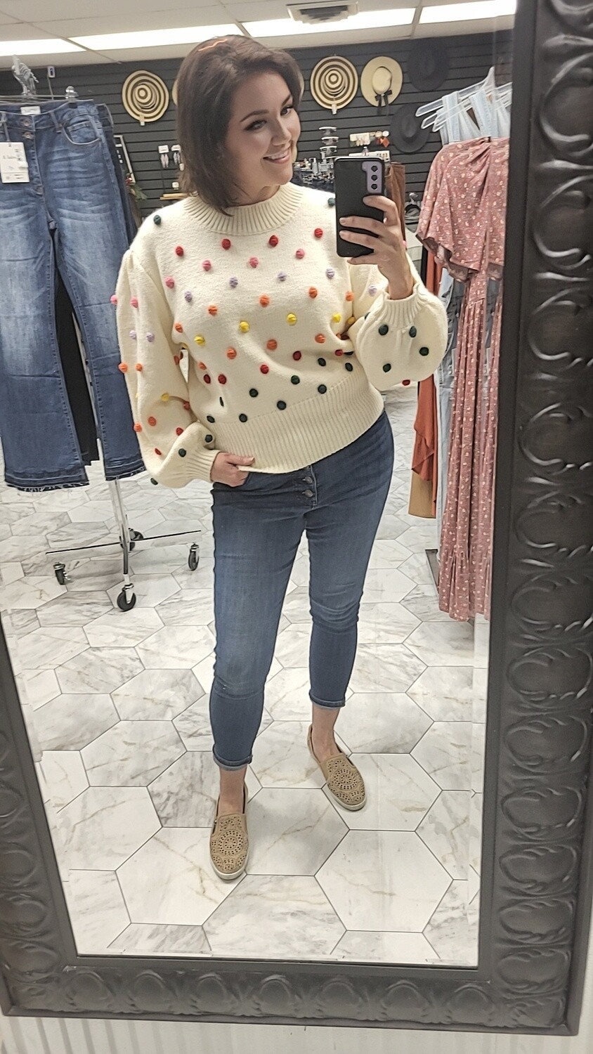 Rainbow Pompom Mock Neck Long Sleeve Sweater Top