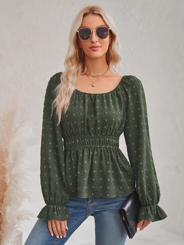 Smocked Swiss Dots Peplum Long Sleeve Blouse