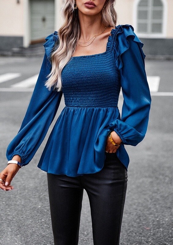 Smocked Ruffle Trim Square Neck Peplum Blouse