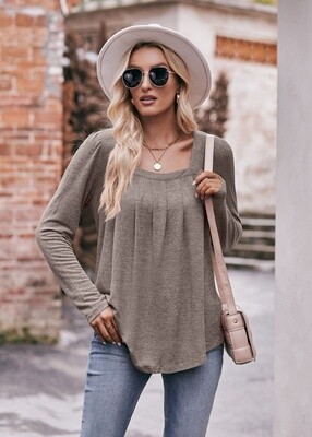 Heather Knit Pleated Square Neck Long Sleeve Top