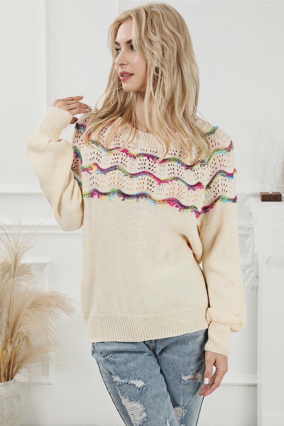 White Wavy Striped Pointelle Bishop Sleeve Sweater