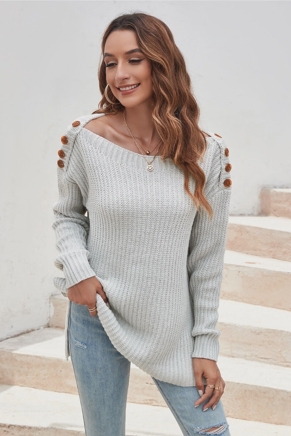 Gray Buttoned Drop Shoulder Oversized Sweater