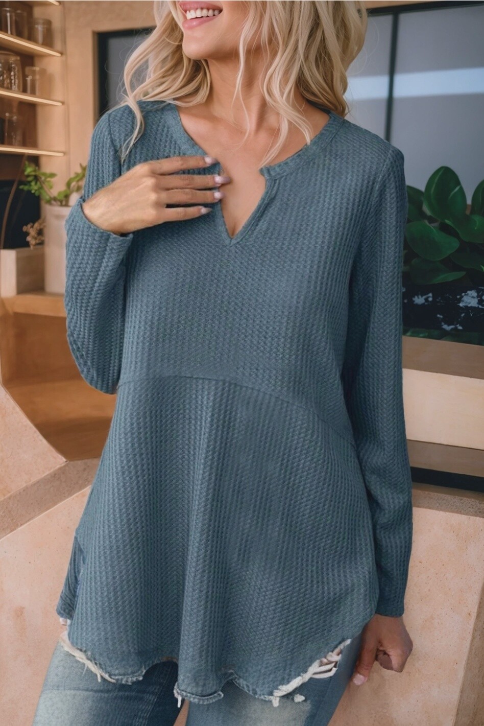 Waffle Knit Notched Neck Long Sleeve Babydoll Blouse
