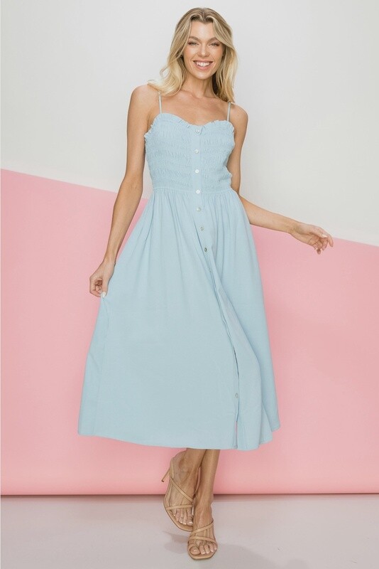 Smocked Top Button Front Dress with Side Pockets