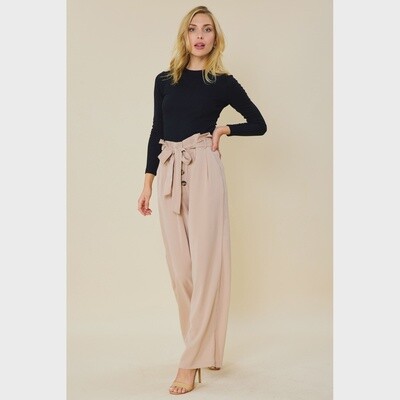 Paper Bag Button Down Tie Waist Pants with Pockets
