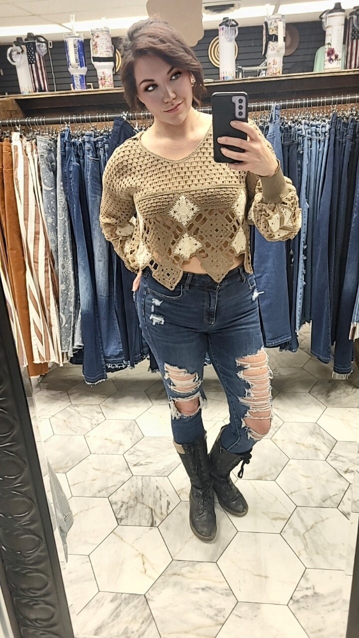 Crochet V Neck Long Sleeve Knit Sweater Top
